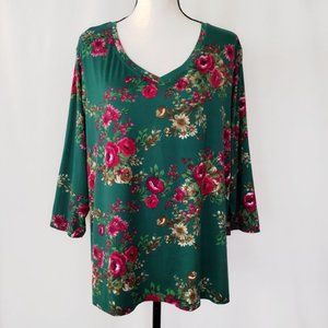 The Pioneer Woman Green Rose Print 3/4 Sleeve Blouse